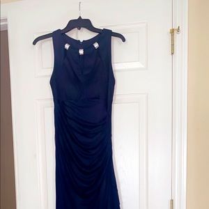 Betsy & Adam navy formal jeweled ruched gown